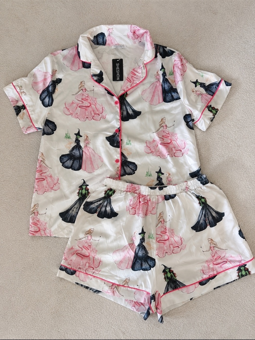 NWT Sheshow Wicked Print Satin Pajama Set Women Small Glinda Elphaba Lounge Set